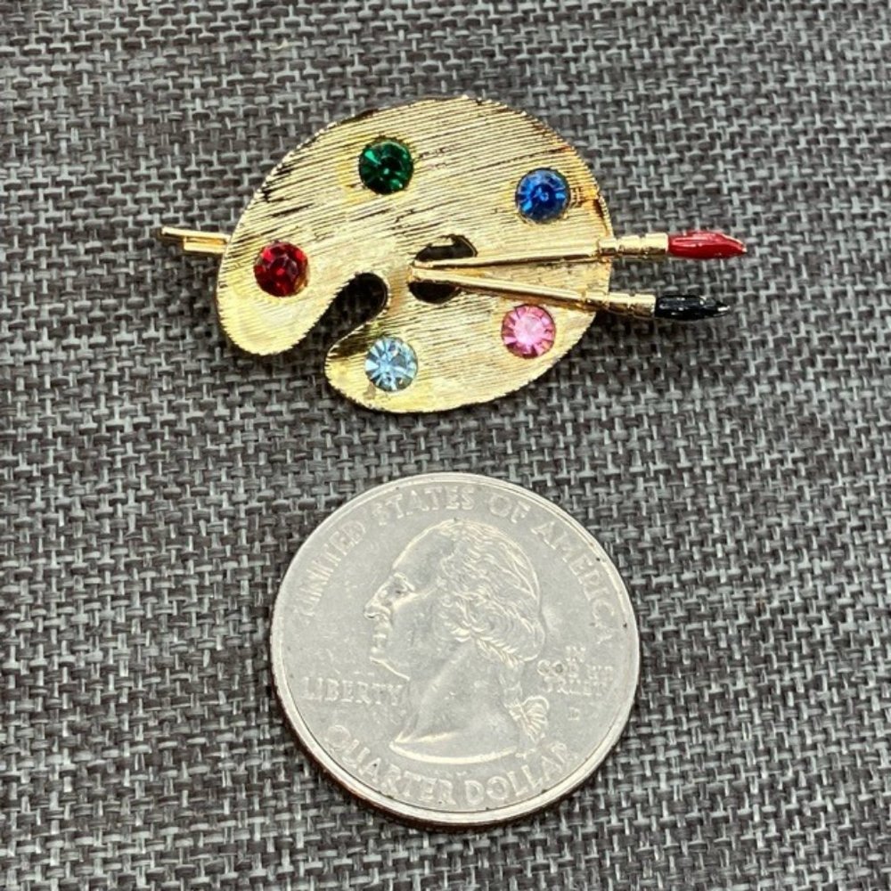 Artist Palette Pin Brooch Paint Painter Gold Multicolor Rhinestone Brushes Retro